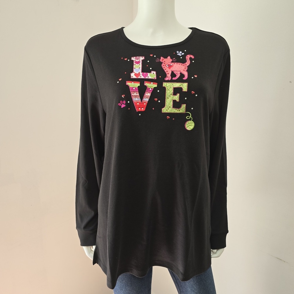 Quacker Factory T-Shirt Top Cat Love Embellished Size L Long Sleeve Black NWT